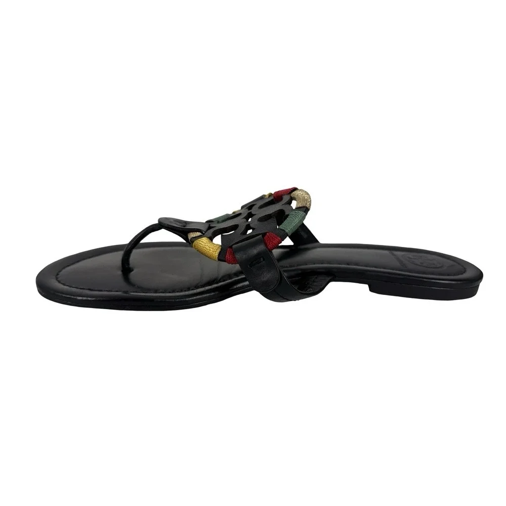 TORY BURCH Embroidered Perfect Black Matte Leather Miller Logo Sandals Size 8 M